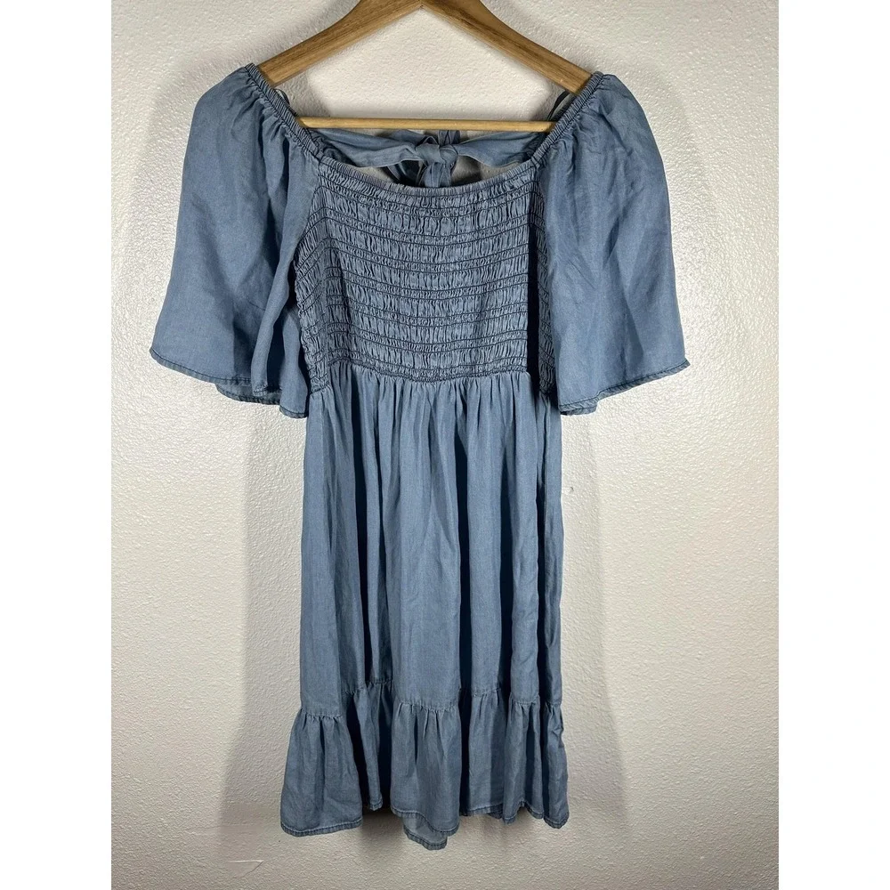 Blu Pepper Dress Womens Small Blue Off‎ Shoulder Smocked Ruffle Hem Sundress